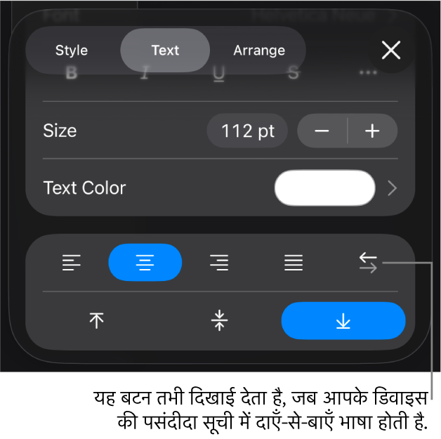 फ़ॉर्मैट मेनू में कॉलआउट के साथ दाएँ से बाएँ बटन को इंगित करने वाले टेक्स्ट नियंत्रण।