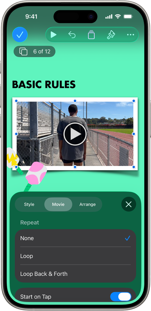 चुने गए वीडियो का आकार और स्वरूप बदलने के लिए फ़ॉर्मैट नियंत्रण। शैली, फ़िल्म और व्यवस्थित करें बटन नियंत्रण के शीर्ष पर होते हैं।
