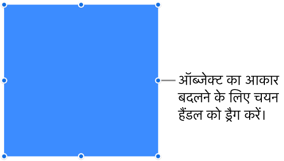 ऑब्जेक्ट के आकार को बदलने के लिए बॉर्डर पर नीले बिंदुओं वाला ऑब्जेक्ट।