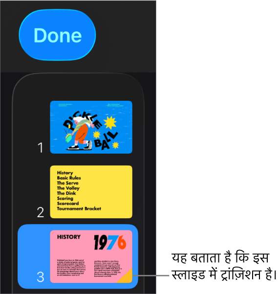 किसी स्लाइड पर पीले रंग का त्रिभुज यह दर्शाता है कि उस स्लाइड पर ट्रांज़िशन लागू है।