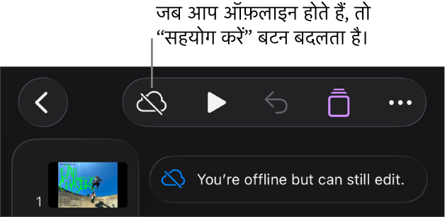 स्क्रीन के शीर्ष पर बटन, जहाँ मौजूद “सहयोग करें” बटन विकर्ण रेखा वाले क्लाउड में बदल जाता है। स्क्रीन पर एक अलर्ट कहता है, “आप ऑफ़लाइन हैं लेकिन अब भी संपादित कर सकते हैं।”