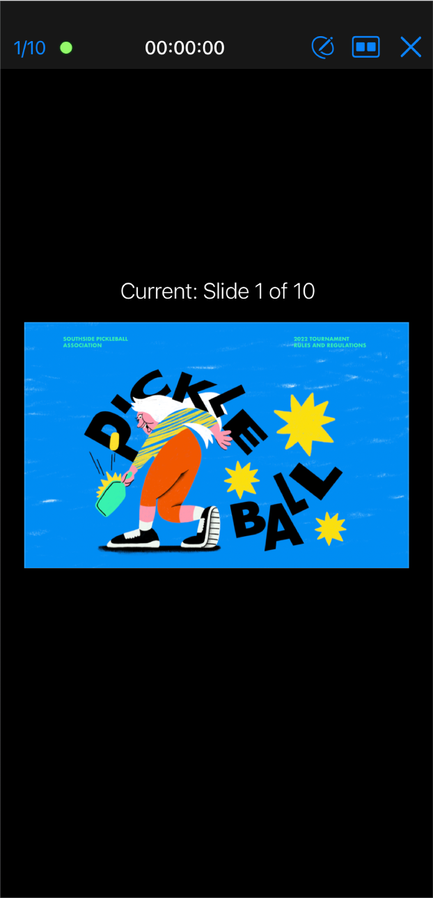 Keynote ऐप जिस पर प्रस्तुतकर्ता दृश्य दिखाई दे रहा है। वर्तमान स्लाइड स्क्रीन के मध्य में दिखाई देती है। टूलबार स्क्रीन के शीर्ष पर दिखाई देता है जिसके बाईं ओर स्लाइड काउंटर है, मध्य में समय है और दाईं ओर ड्रॉ, लेआउट और “बाहर निकलें” बटन हैं।