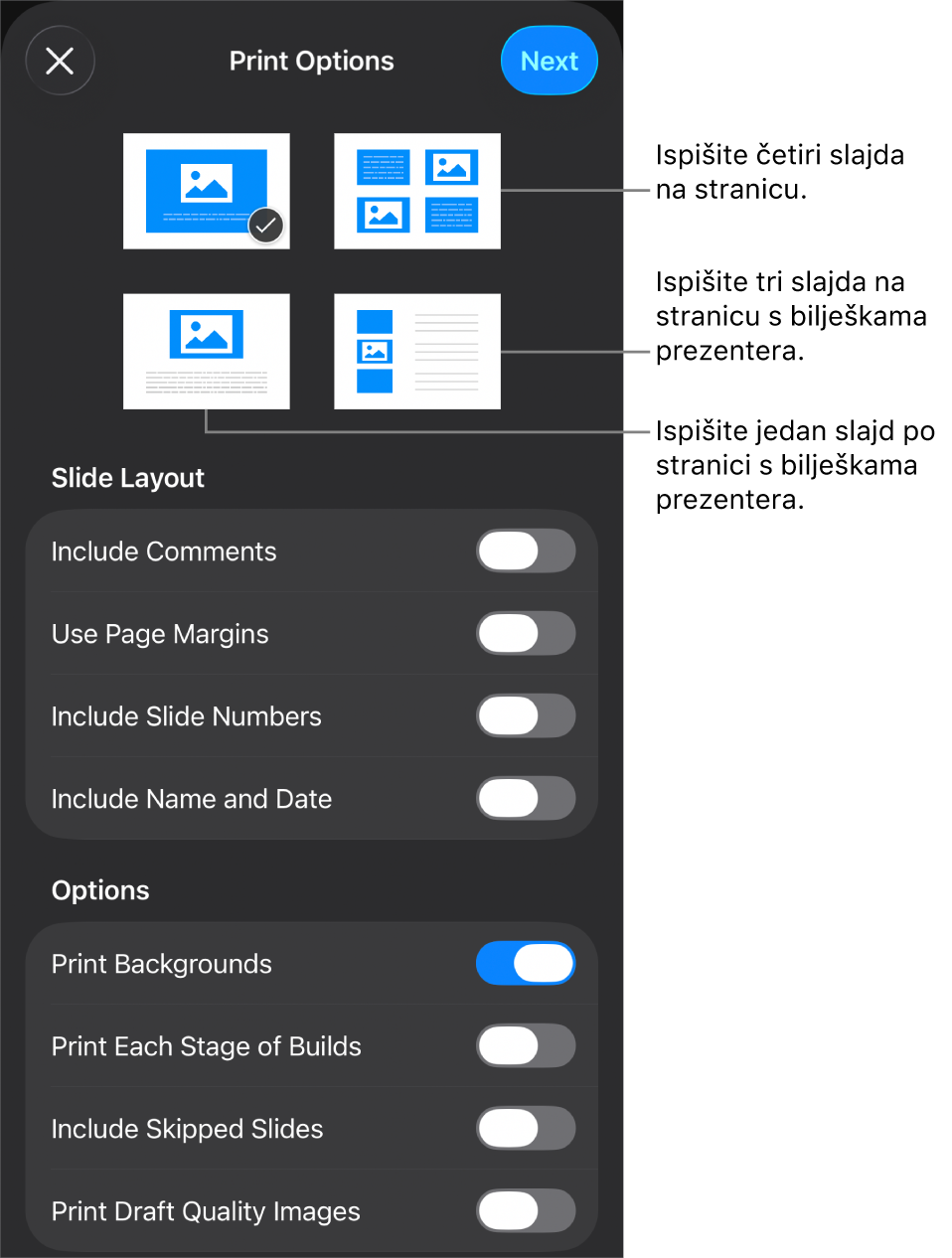 Opcije rasporeda ispisa.