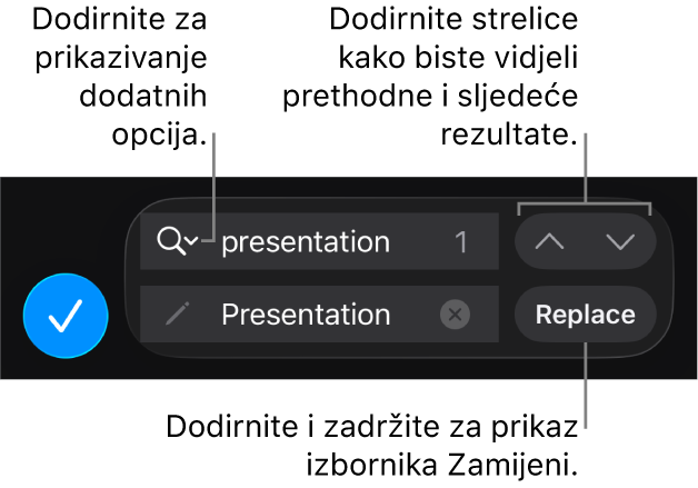 Kontrole Pronađi i zamijeni iznad tipkovnice s tipkama Zamijeni, Prijelaz gore i Prijelaz dolje te strelicom za dodirivanje Opcija pretraživanja.