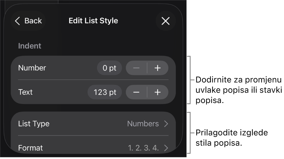 Izbornik Uredi stil popisa s kontrolama za uređivanje vrste i izgleda popisa.