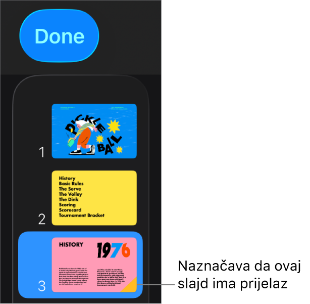 Žuti trokut na slajdu označava da slajd ima prijelaz.