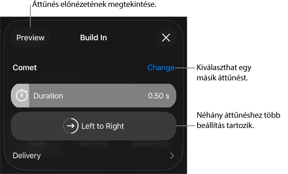 Az áttűnés módosítására szolgáló vezérlők az Opciók panelen.