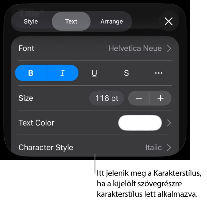 A Szövegformázás vezérlők a Karakterstílussal a Színek vezérlői alatt. A Nincs karakterstílus látható egy csillag szimbólummal.