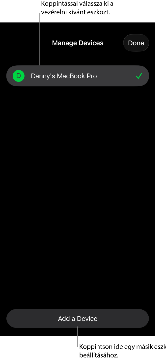 Az Eszközök kezelése panel az Eszköz hozzáadása hivatkozással.