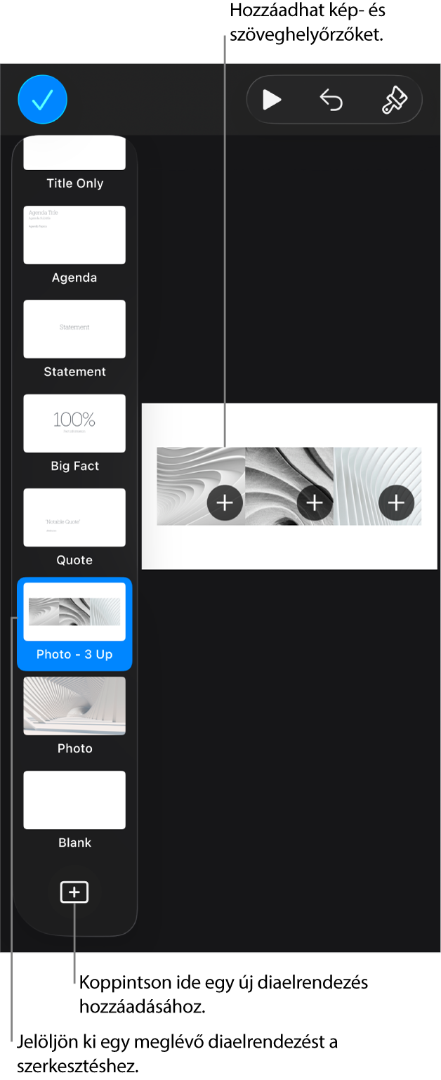 A diavásznon egy diaelrendezés látható, a dianavigátor alsó részén pedig a Diaelrendezés hozzáadása gomb.