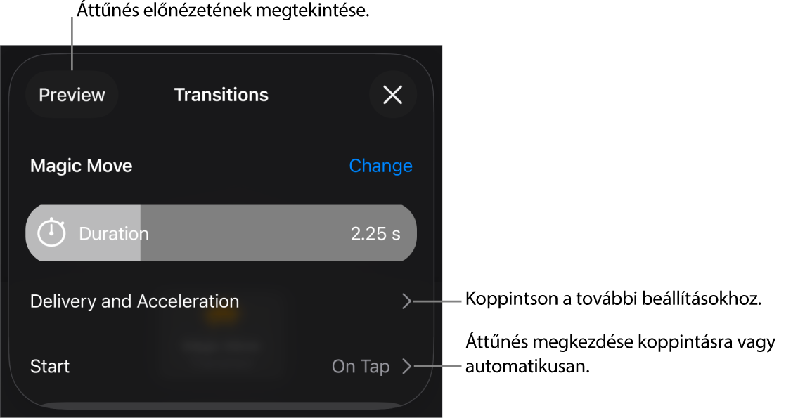A Varázsmozgás vezérlői az Áttűnések panelen.