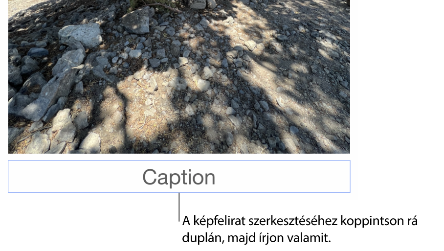 A helyőrző képfelirat „Képfelirat” egy fotó alatt látható, míg a képfelirat mező körül látható kék körvonal azt jelzi, hogy a mező ki van jelölve.