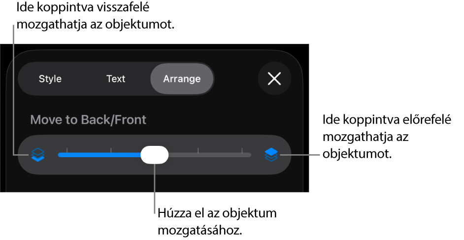 Visszafelé mozgatás gomb, Mozgatás előre gomb és a rétegezés csúszka.