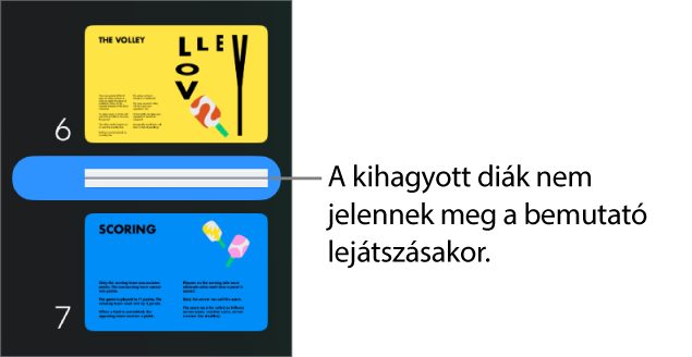 A dianavigátor egy vízszintes vonalként megjelenő kihagyott diával.