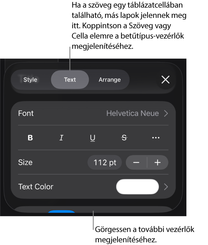 A Formátum menü szövegvezérlői a bekezdés és a karakterek stílusának, betűtípusának, méretének és színének beállításához.