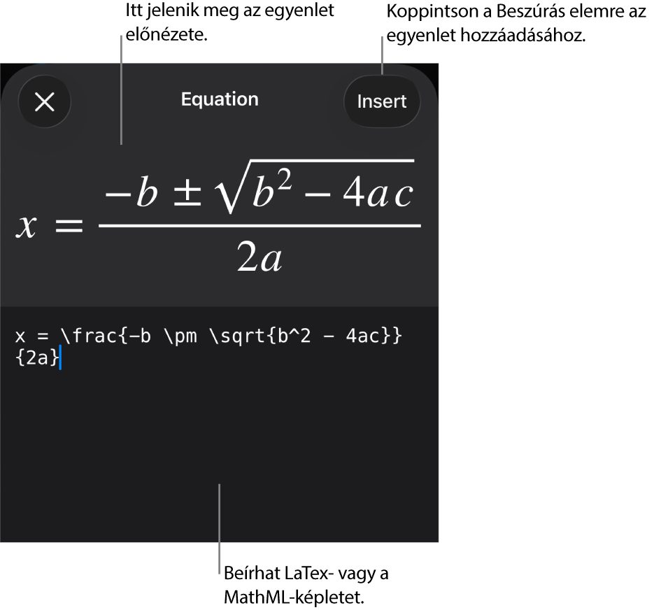 Az Egyenlet párbeszédpanel, amelyen egy, a MathML-parancsok használatával írt egyenlet, felül pedig az egyenlet előnézete látható.