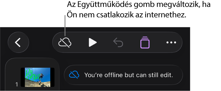A képernyő tetején található gombok, ahol az Együttműködés gomb egy átlósan áthúzott felhőre módosul. Figyelmeztetés a képernyőn: „Offline módban van, de folytathatja a szerkesztést”.