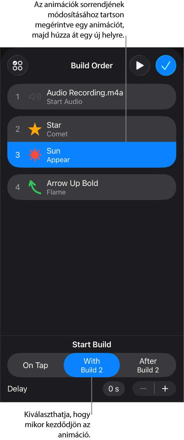 Az Animációk sorrendje lista sárga jelvénnyel jelzett belépési és szürke jelvénnyel jelzett kilépési effektusokkal.