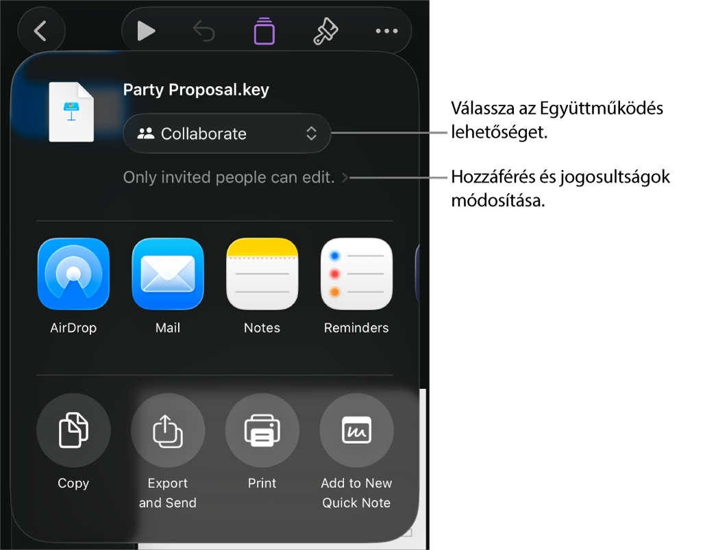 A Megosztás menü a felül kijelölt Együttműködés lehetőséggel, és az alatt látható hozzáférési és jogosultsági beállításokkal.