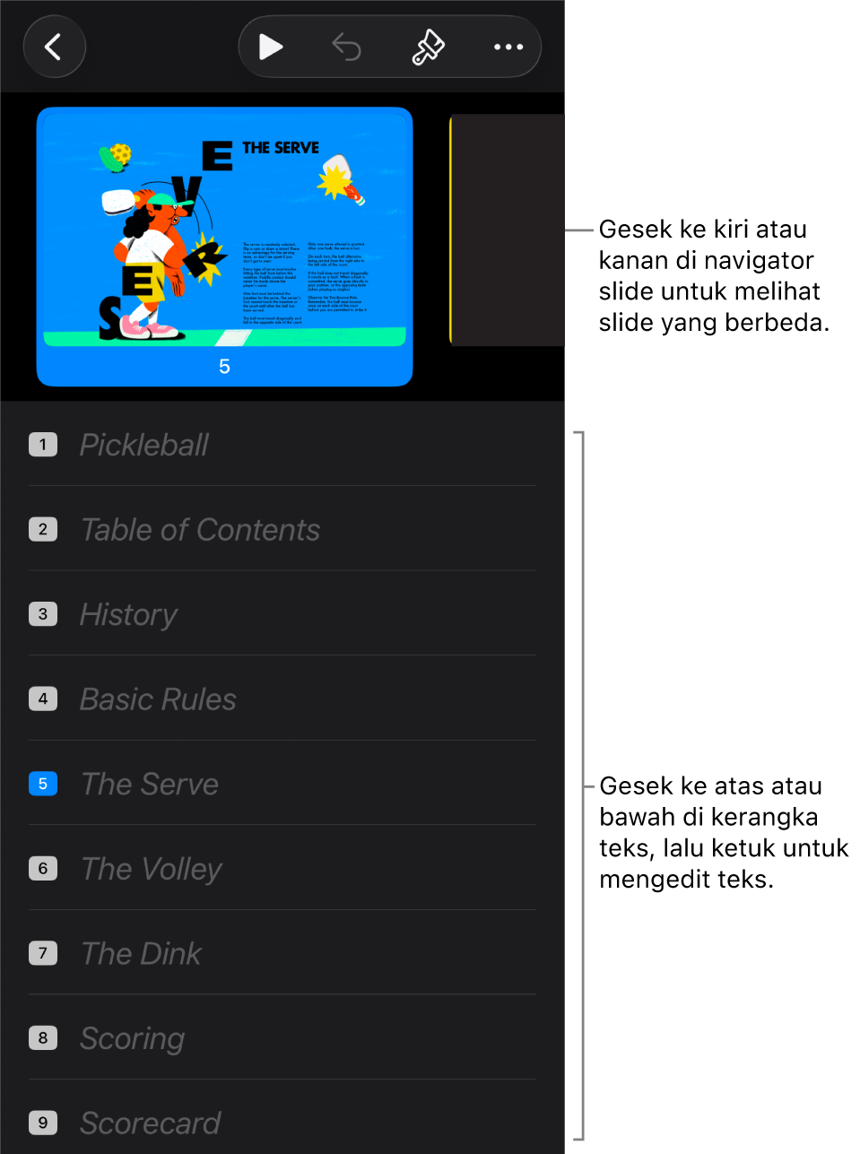Tampilan kerangka dengan navigator slide horizontal di bagian atas layar, dan kerangka teks di bagian bawah.