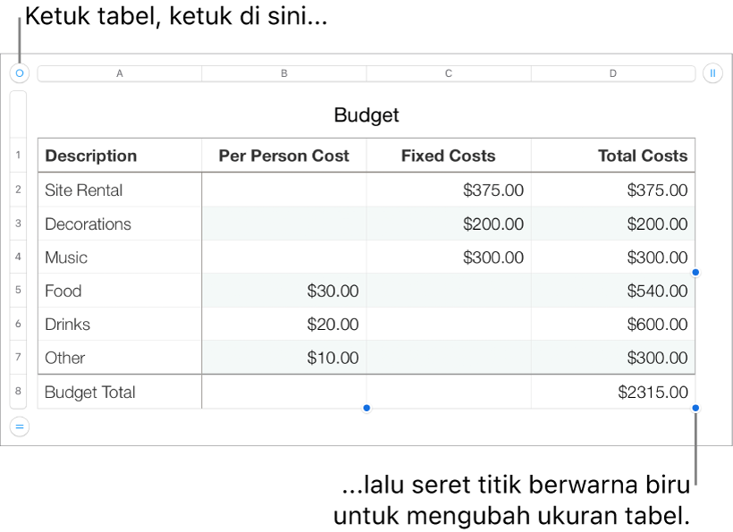 Tabel yang dipilih dengan titik biru untuk mengubah ukuran.