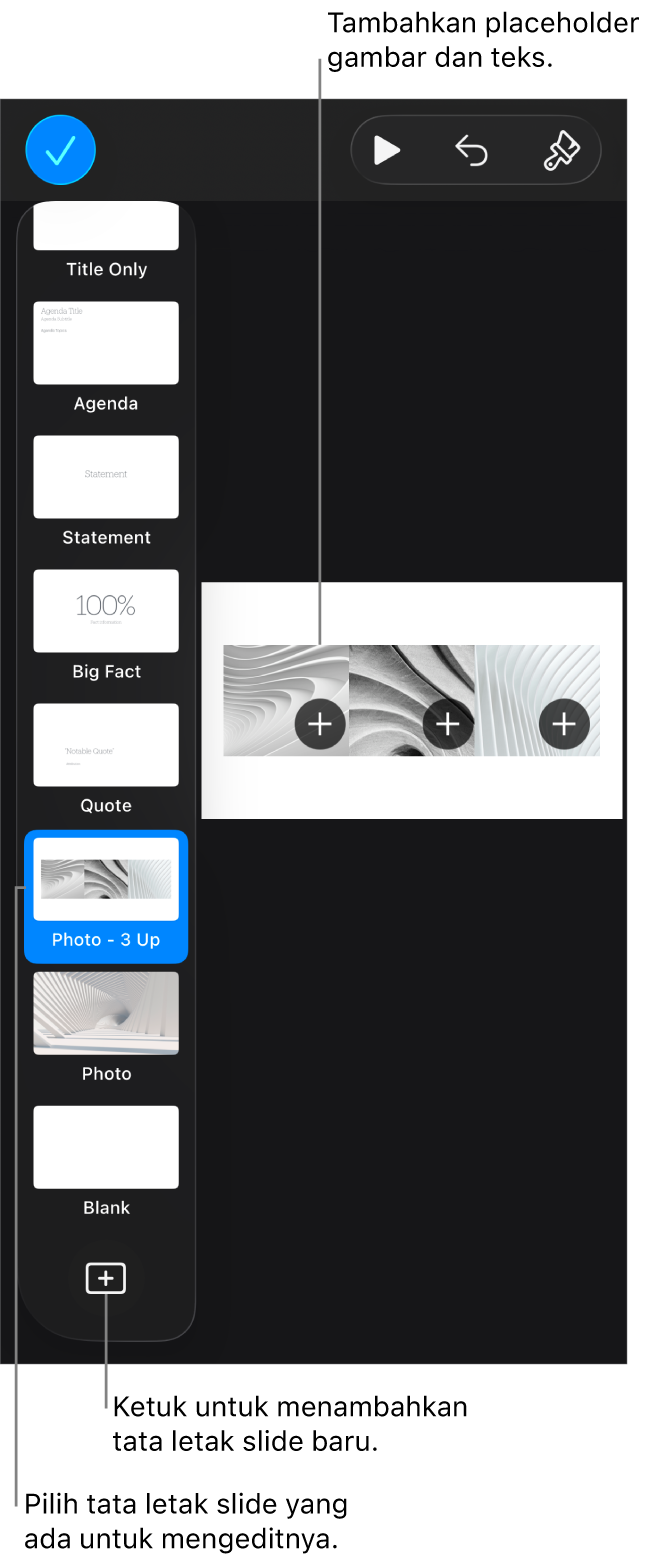 Tata letak slide ditampilkan di kanvas slide, dengan tombol Tambah Tata Letak Slide di bagian bawah navigator slide.