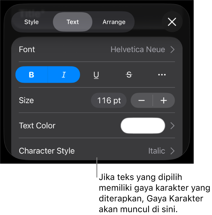 Kontrol pemformatan Teks dengan Gaya Karakter di bawah kontrol Warna. Gaya karakter Tidak Ada muncul dengan asterisk.