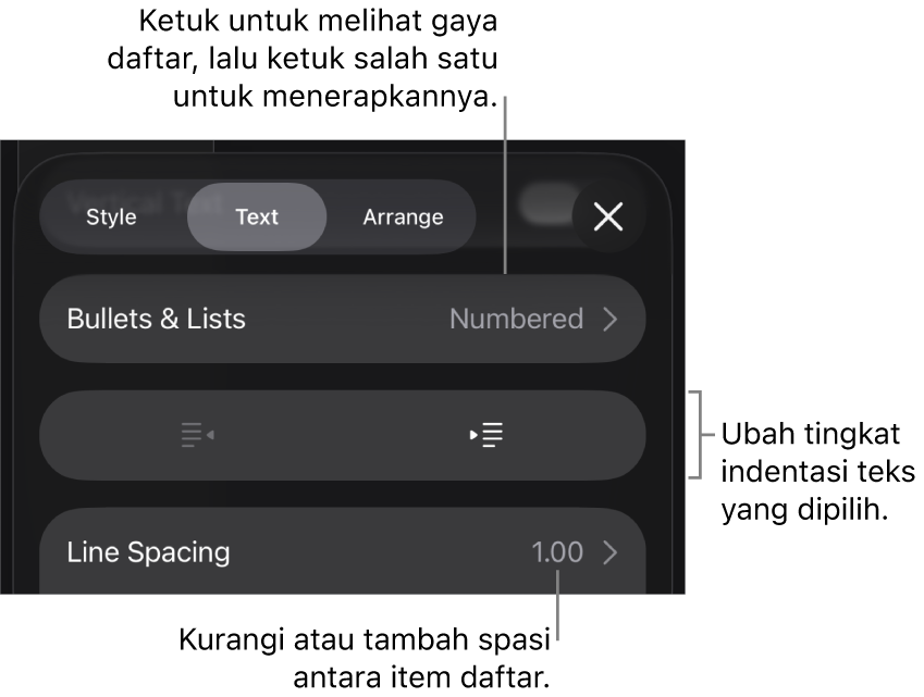 Bagian Poin & Daftar dari kontrol Format dengan keterangan ke Poin & Daftar, tombol indentasi luar dan indentasi dalam, serta kontrol spasi baris.