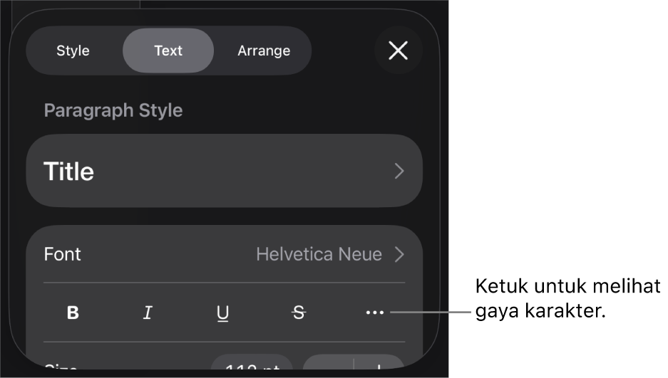 Kontrol Format dengan gaya paragraf di bagian atas, lalu kontrol Font. Di bawah Font terdapat tombol Tebal, Garis Bawah, Coret, dan Pilihan Teks Lainnya.