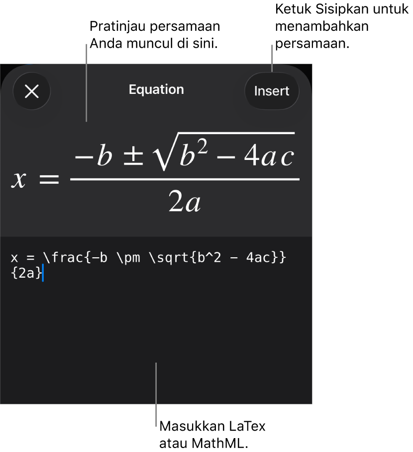 Dialog Persamaan, menampilkan sebuah persamaan ditulis menggunakan perintah MathML, dan pratinjau formula di atas.