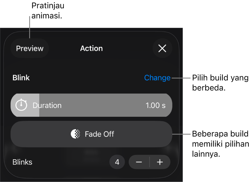 Pilihan build termasuk Durasi dan Mulai waktu. Ketuk Ubah untuk memilih build berbeda, atau ketuk Pratinjau untuk mempratinjau build.
