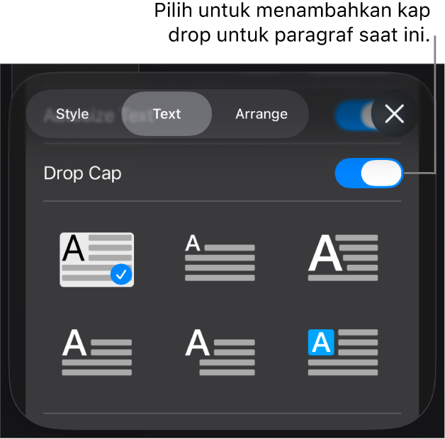 Kontrol Kap Drop terletak di menu Teks.