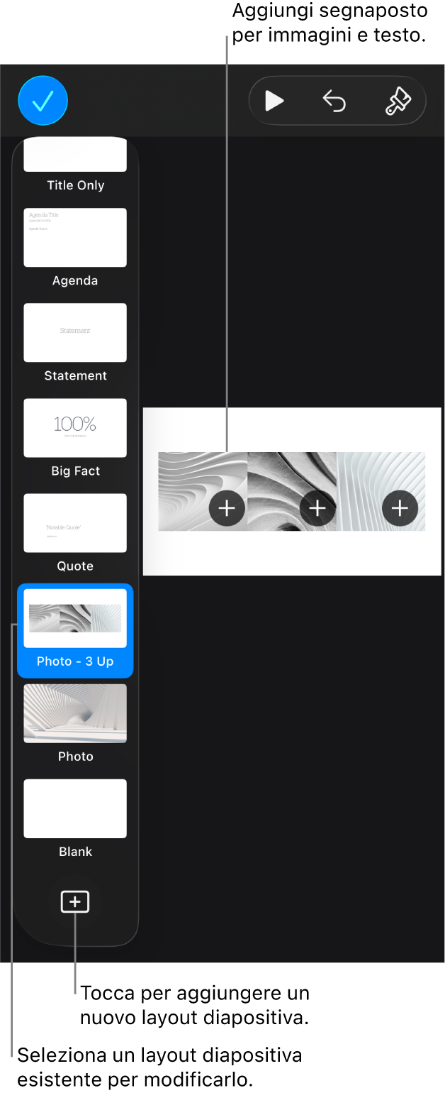 Una layout diapositiva nell’area di lavoro, con il pulsante “Aggiungi layout diapositiva” in fondo al navigatore diapositive.