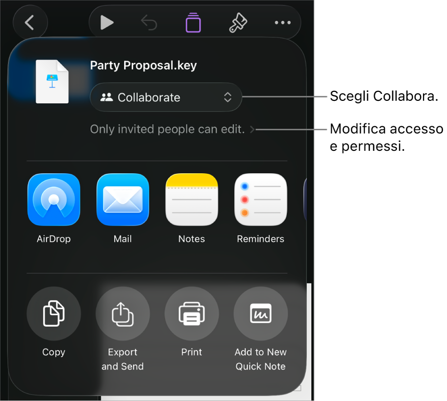 Il menu di condivisone con l’opzione Collabora selezionata in alto e le impostazioni di accesso e dei permessi sotto.