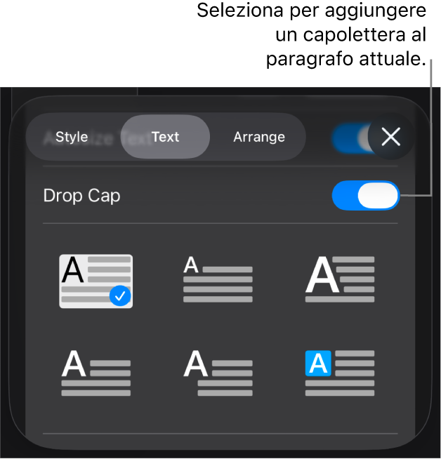 I controlli Capolettera situati nel menu Testo.