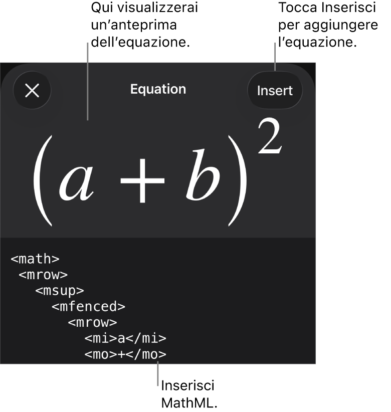 La finestra di dialogo Equazione che mostra l’equazione scritta tramite comandi MathML e un’anteprima della formula di cui sopra.
