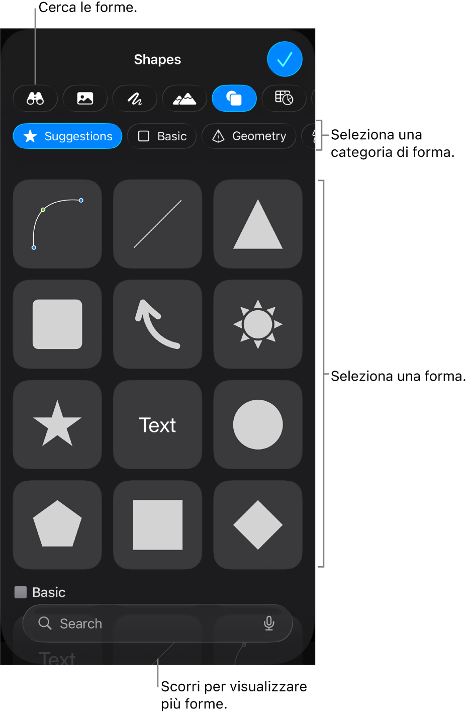 La libreria forme, con le categorie nella parte superiore e le forme visualizzate sotto. Puoi usare il campo di ricerca nella parte superiore per trovare forme e scorrere per visualizzarne di più.