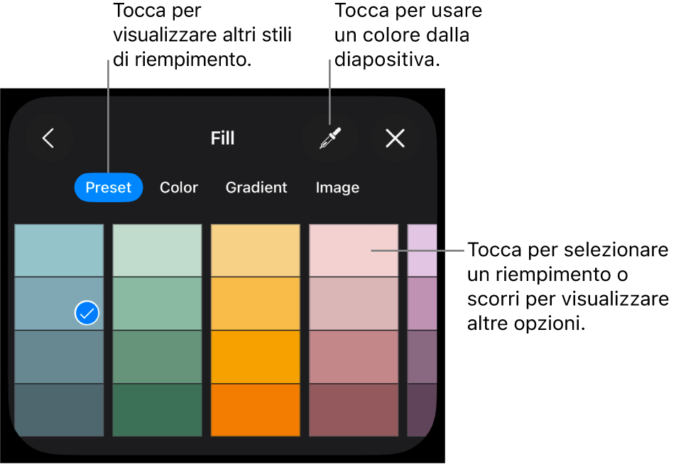 Opzioni di riempimento nel pannello Stile.