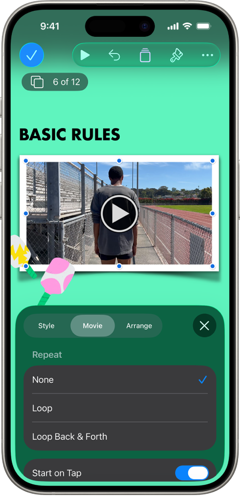 I controlli Formato per modificare le dimensioni e l’aspetto del video selezionato. I pulsanti Stile, Filmato e Disposizione si trovano nella parte superiore dei controlli.