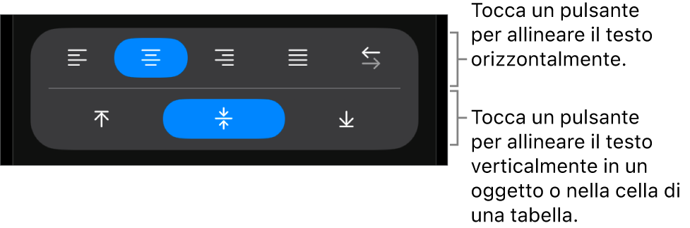 Pulsanti di allineamento orizzontale e verticale per il testo.