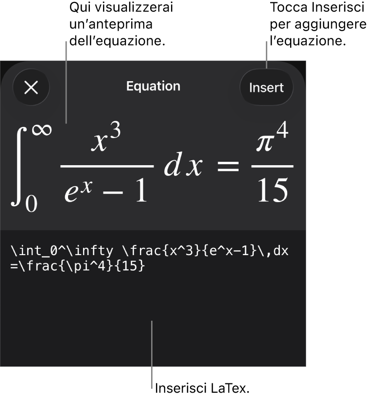 La finestra di dialogo Equazione con l’equazione scritta tramite comandi LaTeX e un’anteprima della formula di cui sopra.