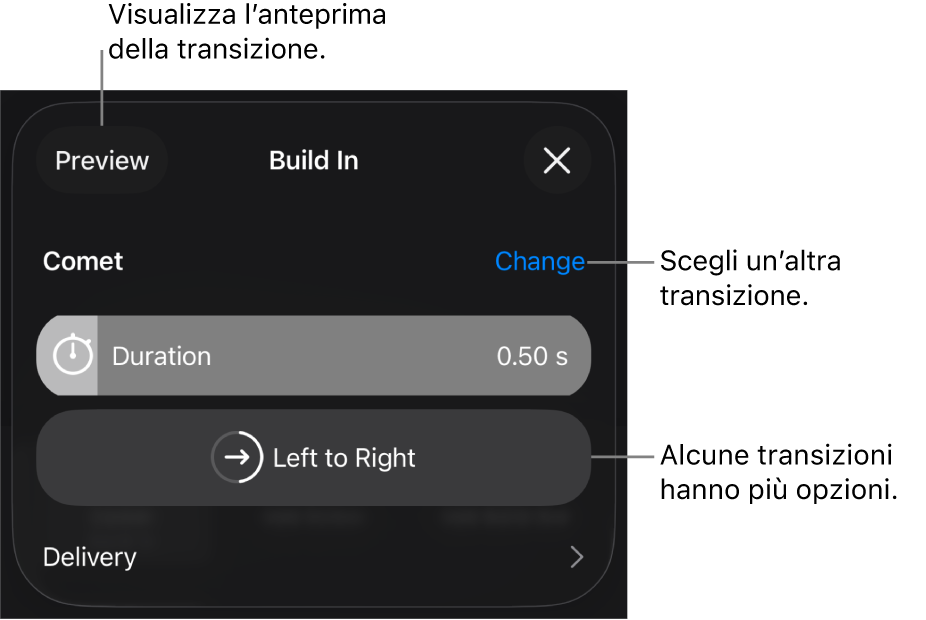 Controlli nel pannello Opzioni per modificare una transizione.