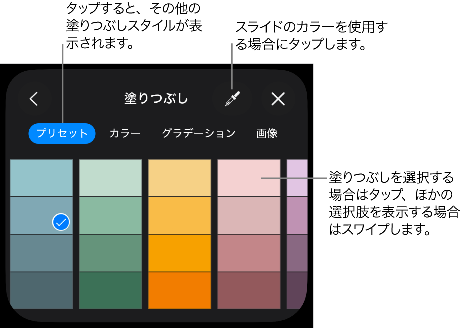 「スタイル」タブの「塗りつぶし」のオプション。