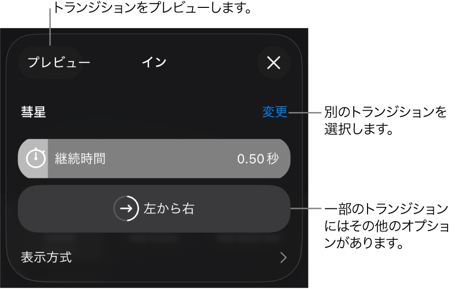 「オプション」パネルに表示されている、トランジションを変更するためのコントロール。