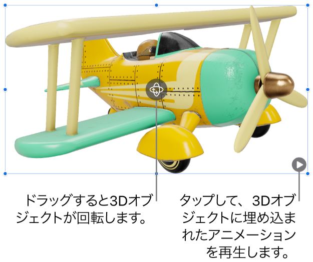 3Dオブジェクト。中央に回転ボタン、右下隅に再生ボタンがあります。