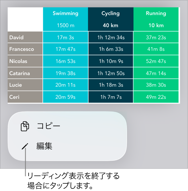 表が選択され、その下のメニューに「コピー」ボタンと「編集」ボタンが表示された状態。