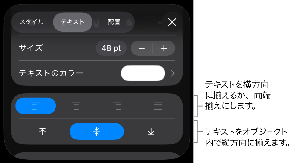 「フォーマット」ボタンの「配置」セクション。テキスト配置ボタンのコールアウトが表示された状態。