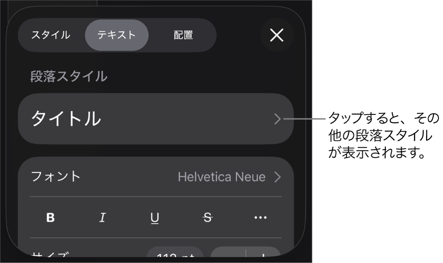 「フォーマット」メニュー。段落と文字のスタイル、フォント、サイズ、色を設定するためのテキストコントロールが表示されています。