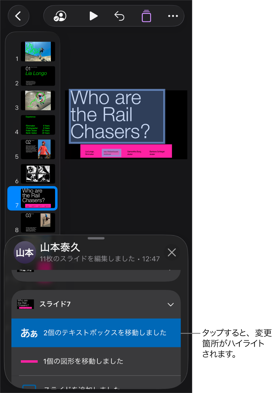 共同作業プレゼンテーション。「共同作業」メニューとアクティビティリストの両方が開いています。