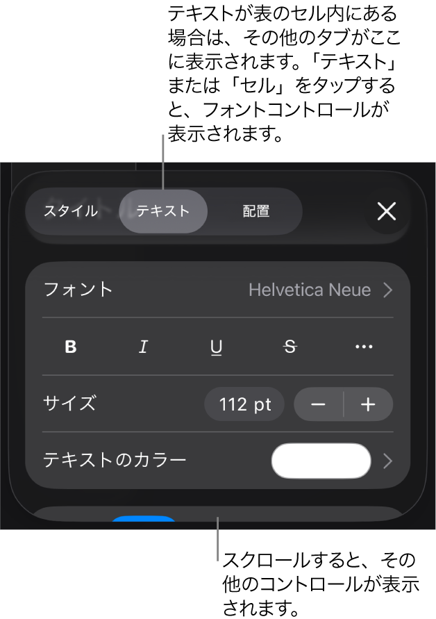 「フォーマット」メニューの、段落と文字のスタイル、フォント、サイズ、色を設定するためのテキストコントロール。